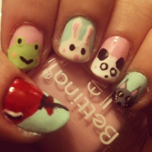 Cute animals and a red balloon. Freehand nail art done by myself and inspired by @lollipopzi's animal nails.