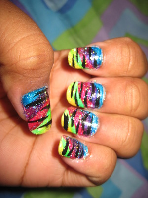 Rainbow nails with Glitter and Zebra Stripes :)