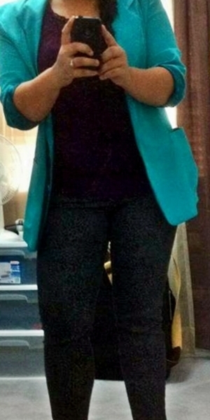 thrifted turquoise blazer, plum ruffled top and guess leopard print jeans, nude pumps from PSS