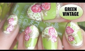 Green & Gold Vintage Roses Stiletto Nails