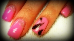 gel overlay, pink gelish and hand painted feathers