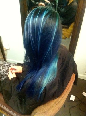 This color was inspired by the colors of the ocean,  I think the darker roots and lighter blue pieces really make this color pop.
