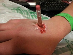 My first attempt at a pencil stab into a hand. Made with Elmer's glue and toilet paper.