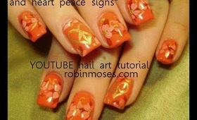 PINK nails with PINK flowers with heart peace sign design: robin moses nail art tutorial