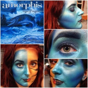 Inspired by the album artwork of Finnish melodeath band Amorphis, I decided to create two faces dedicated to Eclipse and Of Magic & Mayhem!  This one is Magic & Mayhem, and it's unbeliiiiievable the amount of blues I had to use for this side. 

***Sadly, I can't quite recall the mixture of products I used for this aside from the Coastal Scents 252 palette and some no-name moisturizer to keep my skin tacky for the eyeshadow (YES, that is eyeshadow all over my poor face! Lol)***
