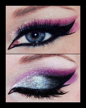 winged eye liner, glitter, and purple shadow