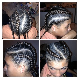 My client wanted 4 braids for her last week in summer camp.

I achieved this look with black and clear gel mixed to hold edges and loose hairs, synthetic braiding hair (1 pack), a comb, a brush and a lighter. I used shears at the end to cut any stray hairs from the braids. Like. Comment. Recreate. Enjoy. 