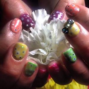 #custom mixed Calgel colours with polka dots & glitter pieces in centres