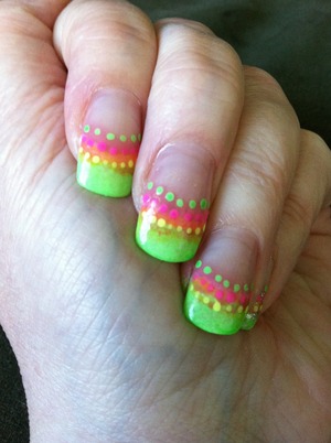 Really you can use any color I just chose these because I just found this funky green color, I used green, pink and yellow polish and the same colors in paint for the dots;) I used NYC Preppy pink, NYC Midtown Mimosa and Style essentials neon green
