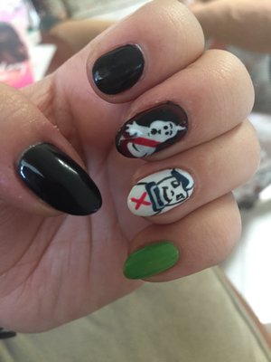 Nail art design with black, white, red and green gel. Ghostbuster nail design 