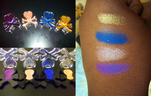 tokidoki Cromatico Eyeshadow in: Killer Candy (royal purple), Donutella (nude w/ glitter), Skeletrina (cobalt blue), & Savana (gold w/ glitter)