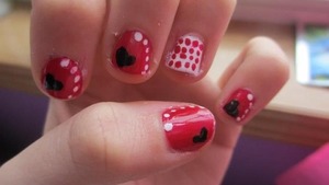 Red with white dots and black heart
