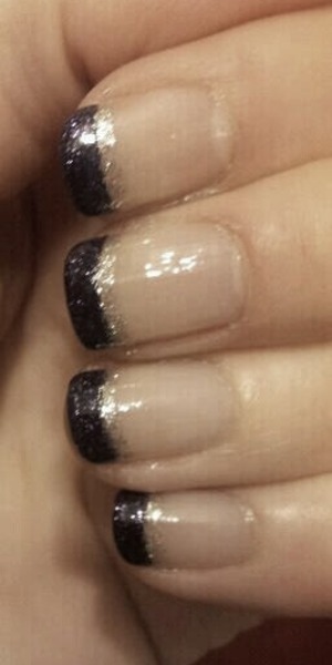 purple sparkle and silver tips on clear nail polish
