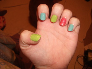 Blue: For Audrey- China Glaze
Green: Green Apple- Orly
Coral/Pink: Coral Reed- Pure Ice