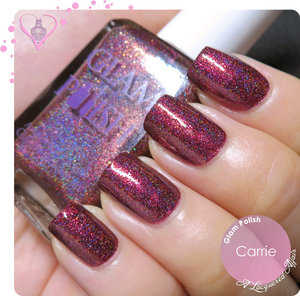 Part of the Gruesome Movie Duo for Halloween, exclusive to meimeisignatures.com. A crimson holo.
Swatches and review on http://www.alacqueredaffair.com/Glam-Polish-Gruesome-Movie-Duo-35662513