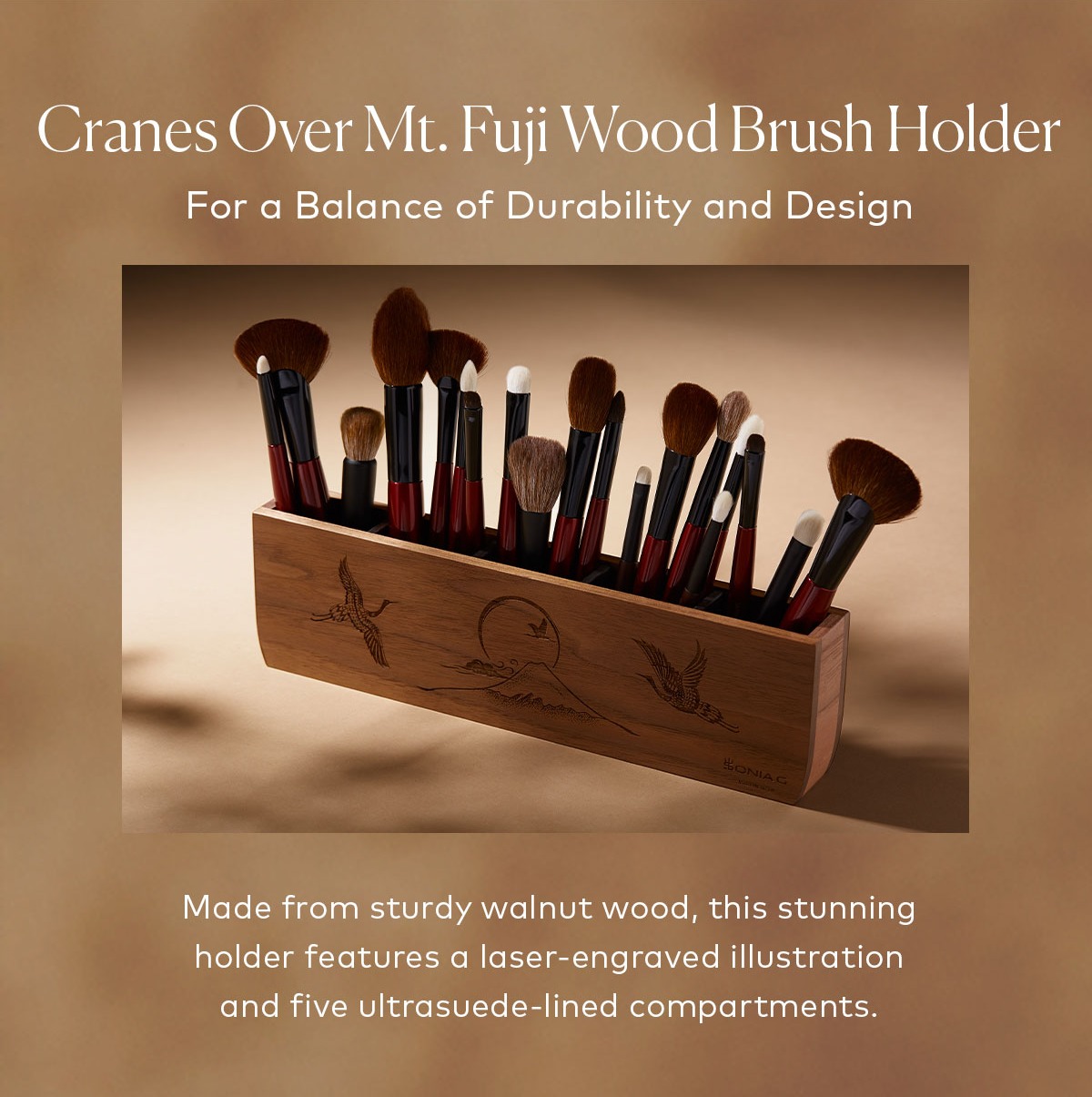 Made from sturdy walnut wood, this stunning holder features a laser-engraved illustration and five ultrasuede-lined compartments. Shop the Sonia G. Cranes Over Mt. Fuji Wooden Brush Holder on Beautylish.com! 