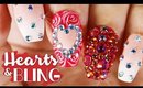 Hearts & Bling Valentine's Day Nail Art Tutorial // How to Nail Art at Home