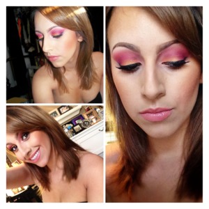 Warm pink, orange, yellow, and purple hues blended together to create a look inspired by the sunset :)  Perfect for summer!