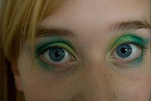 Bright green look done on a kid from a summer camp I coach at. We had a fun little photoshoot. We couldn't use eyeliner or mascara, due to the issues of taking it off, but yeah, if I get a positive vibe, I'll totally make a video. :D