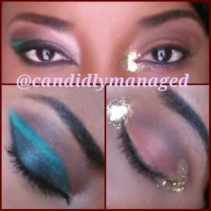 Gold sequins on the right, Smokey with teal liner in the crease