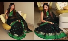 Traditional Indian Black & Green Cotton Sari : OOTD