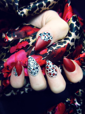 My Matte red almond nails with hand painted leopard and swarovski crystals! <3 