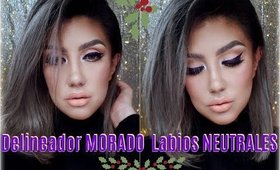 Delineador MORADO  y Labios NEUTRALES / Purple eyeliner makeup tutorial | auroramakeup