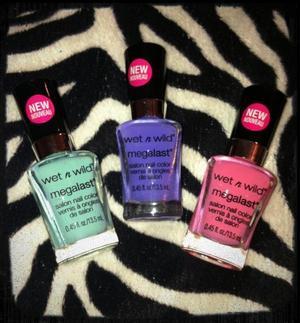 New Wet n Wild Megalast Spring 2012... I only picked up three but I wanna go back and get some other colors!! right to left --> I need a refresh-mint, on a trip, candy-licious