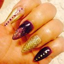 Almond Nails, purple, gold glitter