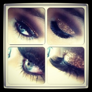 Fake lashes with gold glitter smokey eye look 