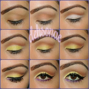 Pictorial: simple with a pop of color, crease_ light orange from my elf pallet and tease from my naked 2 pallet. Eyelid- NYC jumbo pencil in milk for a base. Then yellow from elf pallet is applied over the white (pat & pack), apply orange & tease to the outer corner, blend, blend, blend. Winged eyeliner & mascara. Added a touch of purple to my bottom lashline. & to finish black eyeliner.