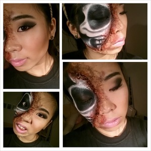 used mufe flash palette, liquid latex, toilet paper, some fake blood among other every day makeup products