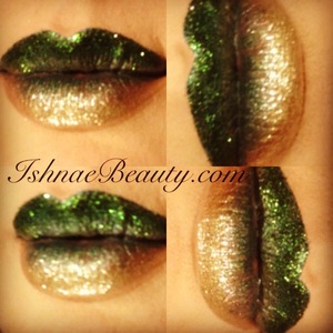 Ombre styled lips with green and gold glitter!