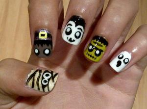 Mummy, witch, Dracula, Frankenstein, and ghost nails