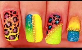 Neon Leopard & Chains nail art