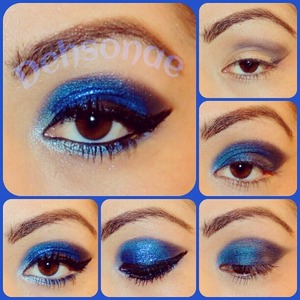 started my outline with black, continued by forming a semi cat eye, I deepened the outer corner with the same black. I added royal blue to the lid. (Pat&pack) then I added some blue glitter from NYC glitter pallet, black eyeliner. Went from light blue to dark blue on the bottom lash line, mascara & black eyeliner on waterline. ♥ 