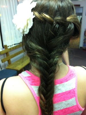 two stranded waterfall braid then a fishtail! I did this on my friends hair (: