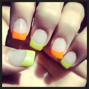 Orange and green French nails