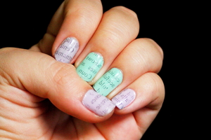 News Paper Nails!

This was my second attempt on doing this cool trick, and this is was I came out with! I like the end result, and I love love love the mint green with the pink lilac color (:

Comment below on your reactions! (: