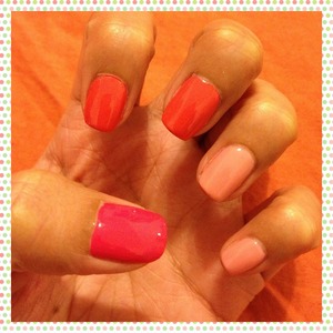 All 3 colors used by Brucci. 
Thumb: Hot Pink
Pointer & middle finger: Intrigue
Ring finger & pinky: Sheer Blush