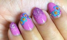 Pink Glitter Nail Design ~ Flower Stickers