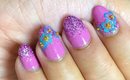 Pink Glitter Nail Design ~ Flower Stickers