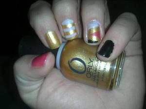 Gold: Orly Glitz
White: Revlon Powder Puff
Pink: Sweet Temptation
Black: Sally Hansen Xtreme Wear Black Out