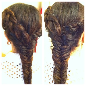 Started with an inverted braid on the side and finished with the fish tail. 