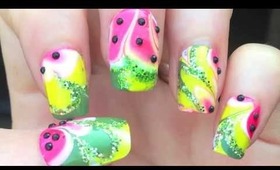 Glittery Watermelon Nails! [water-marble tutorial]