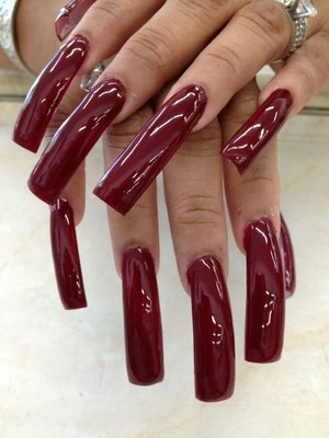 Long but manageable dark-red acrylic nails. Love wearing my nails like this!