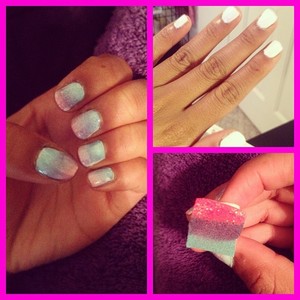 3 steps to pretty nails 
 ~white base
~3 colors (on sponge)
~top coat