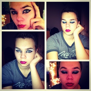 BH cosmetics eyeshadow. Blue. 
Cover girl pink lipstick. 
Maybeline gel liner 
Bronzing powder.