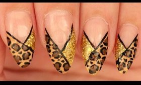 Leopard & Gold Glitter nail art