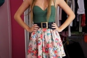 Sweetheart tank top with floral skater skirt and a belt. 